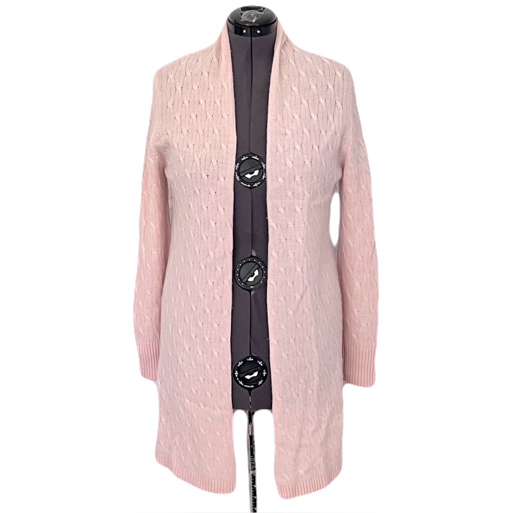 Cortland Park Cashmere Light Pink ‘Sophie’ Cable Knit Long Open Cardigan, Size M